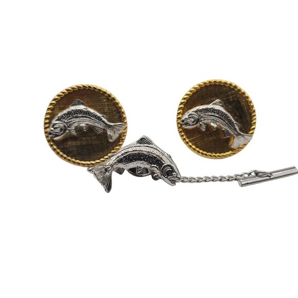 Fish Trout Cufflinks Tie Pin Gold Silver Tone Tac Fisherman 1970s Round Links - Picture 5 of 7